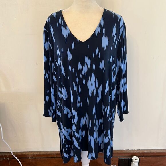 Alfani dark & light blue patterned long sleeve V neck tunic Size XL EUC - Picture 1 of 10